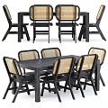 Dark Square Dining Table Set With Rattan Back Chairs And Wooden Frame 3d model