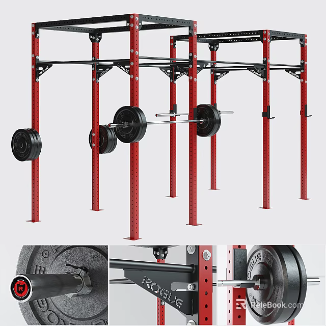 Red Power Rack With Barbell And Weight Plates For Strength Training Workouts 3d model