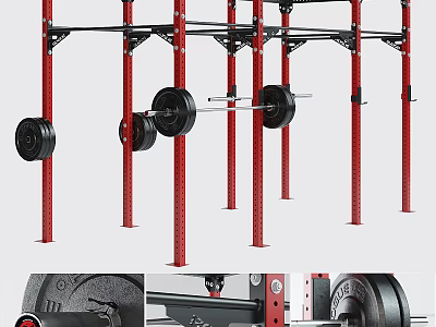 Red Power Rack With Barbell And Weight Plates For Strength Training Workouts 3d model