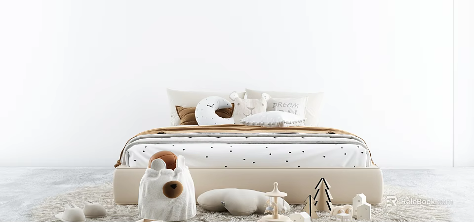 Cozy Double Bed with Polka Dot Bedding Pillows and Stuffed Toys in Kids Bedroom 3d model 