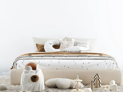 Cozy Double Bed with Polka Dot Bedding Pillows and Stuffed Toys in Kids Bedroom 3d model