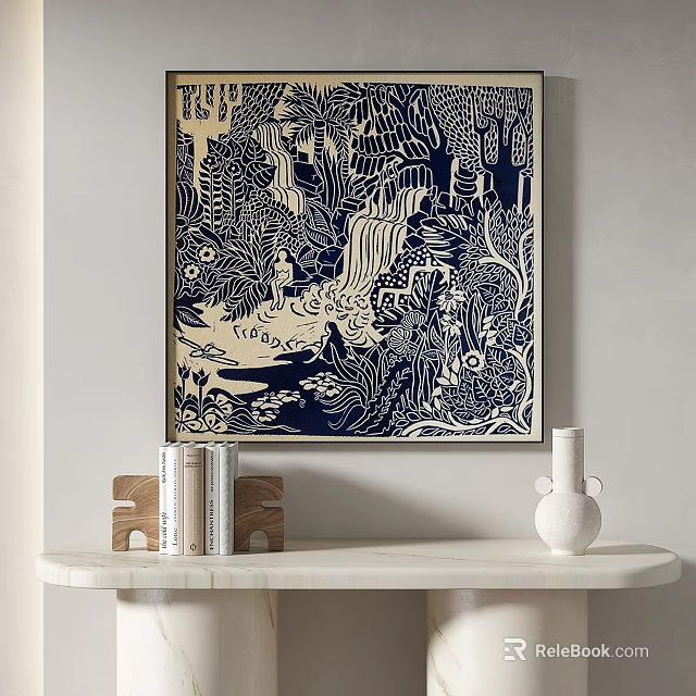 Abstract Painting With Blue And White Intricate Patterns Featuring Plants And Waterfall Elements 3d model