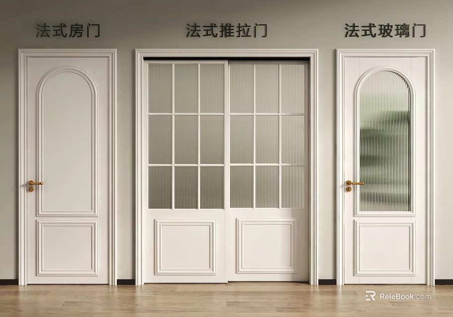 French Style White Glass Sliding Door Interior Design With Classic Panels And Handles 3d model 
