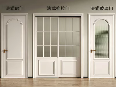 French Style White Glass Sliding Door Interior Design With Classic Panels And Handles 3d model