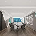 Modern Conference Room Interior With Long Table Black Chairs Geometric Wall Decor And Large Screen 3d model