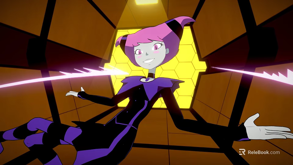 Pink Haired Cartoon Creature In Black Purple Outfit With Yellow Hexagonal Background And Purple Light 3d model 