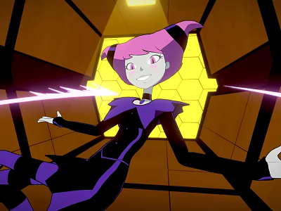 Pink Haired Cartoon Creature In Black Purple Outfit With Yellow Hexagonal Background And Purple Light 3d model