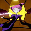 Pink Haired Cartoon Creature In Black Purple Outfit With Yellow Hexagonal Background And Purple Light