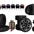 Various Vehicle Tires With Stylish Wheel Rims And Multiple Protective Helmets 3d model