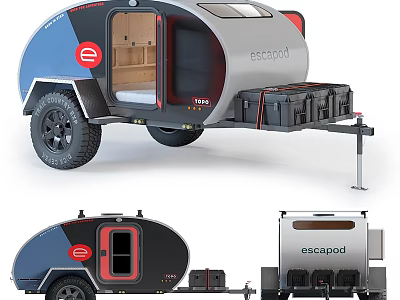 Escapepod Camping Trailer With Blue Gray Exterior Compact Design For Outdoor Travel Adventures 3d model