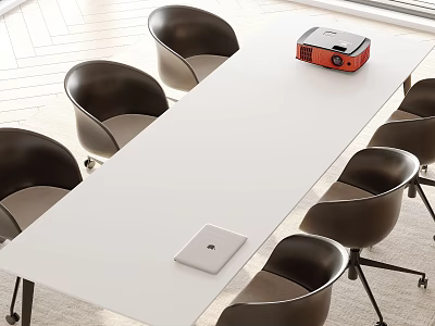 Modern White Conference Table With Black Chairs Red Projector And White Tablet 3d model