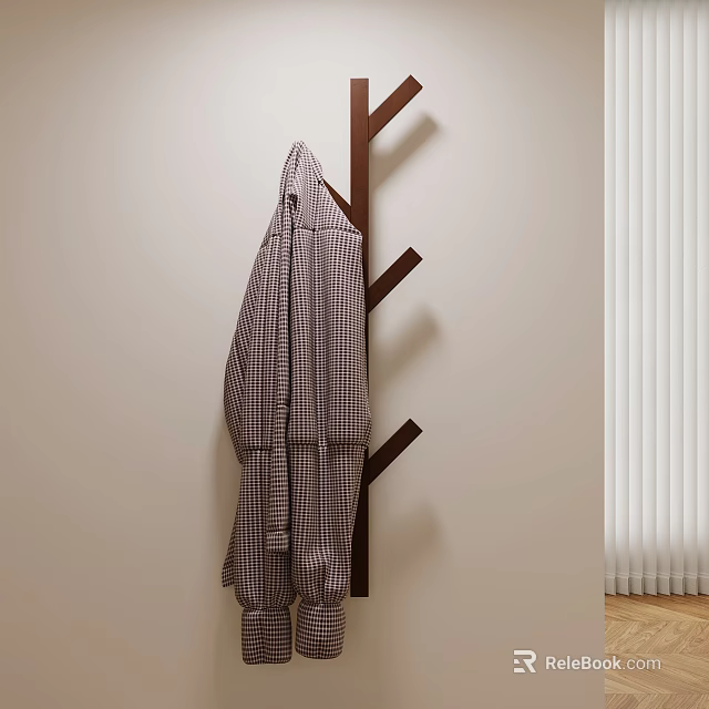 Wall Mounted Wooden Coat Hook With Plaid Robe Hanging On Branches 3d model 
