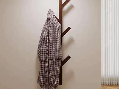 Wall Mounted Wooden Coat Hook With Plaid Robe Hanging On Branches 3d model