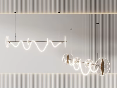 Modern Wave And Circular Chandeliers With LED Lights And Metal Frames In Stylish Interior 3d model