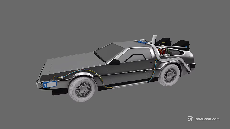Retro Futuristic Silver Car With Blue Lights And Rear Engine Detail 3d model 