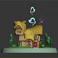 Fairy Tale Small House 3D Model With Yellow Roof Red Windows Green Trees And Grass