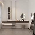 Modern Dressing Vanity Interior With Round Mirror Dark Countertop Stool And Tall Shelf 3d model