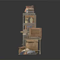 Rustic Household Items Display With Wooden Shelves Clay Pots And Baskets