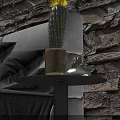 Cozy Double Bed with Stone Wall Background Sofa Pillows and Cactus Decor on Small Table