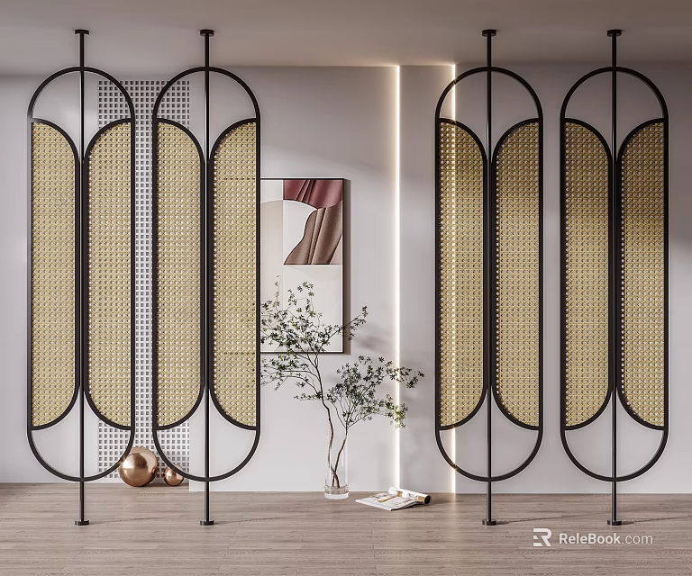 Modern Decorative Screen with Black Metal Frame Golden Woven Mesh and Geometric Pattern in Interior 3d model 
