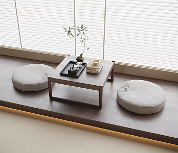 Modern Balcony Tea Table and Chair Round Cushion Small Tea Table Venetian Blinds 3d model