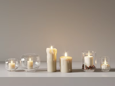Burning Candles In Glass Holders With Various Shapes On White Shelf Background 3d model