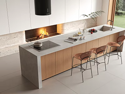 Modern Bar Counter Interior With Fireplace Wooden Chairs White Cabinets And Natural Light 3d model