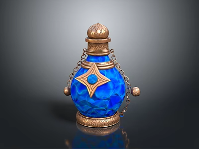 Blue Decorative Living Bottle With Golden Star Shaped Pattern Chain And Base Design 3d model
