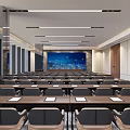 Modern Conference Room Interior Design With Long Tables Ergonomic Chairs Ceiling Lights And Wooden Wall