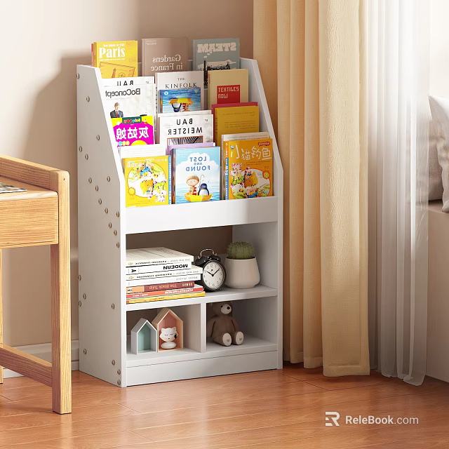 White Bookshelf With Books Clock Mini House Model Teddy Bear In Bedroom 3d model 