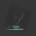 Green Coffee Cup on White Saucer with Hot Coffee on Dark Background with Smoke Effect