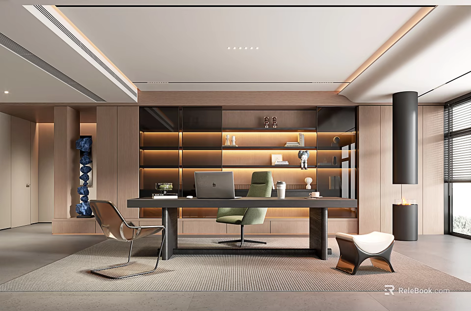 Modern Study Room Interior With Wooden Desk Comfortable Chair And Bookshelves 3d model 