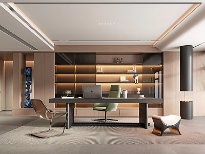 Modern Study Room Interior With Wooden Desk Comfortable Chair And Bookshelves 3d model