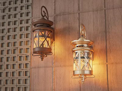 Illuminated Brass and Bronze Wall Lamps with Glass Shades on Wooden Wall 3d model