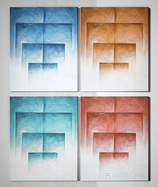 Abstract Square Textured Decorative Paintings In Blue Orange Teal Red For Wall Art 3d model 