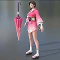 Anime Style Game Movie Character In Pink Cherry Blossom Kimono With Pink Umbrella