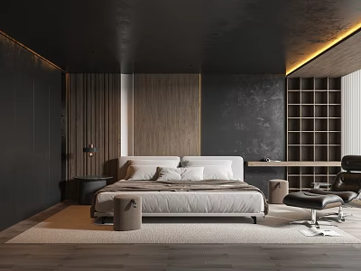 Modern Bedroom Interior With Wooden Accent Wall Bed Bedside Table Armchair And Bookshelf 3d model
