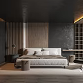 Modern Bedroom Interior With Wooden Accent Wall Bed Bedside Table Armchair And Bookshelf