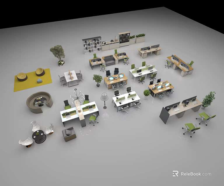 Modern Office Desk Setup With Ergonomic Chairs Green Plants And Workstations 3d model