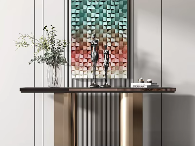 Modern Elegant Console Table Featuring Colorful Geometric Painting Green Plants Metal Sculptures and Books 3d model