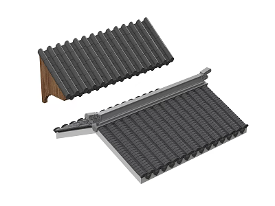 Traditional Architectural Roof Components With Black Tiles And Wooden Supports 3d model
