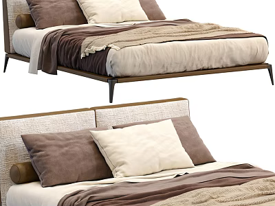 Modern Double Bed With Upholstered Headboard Brown Beige Pillows And Layered Blanket 3d model