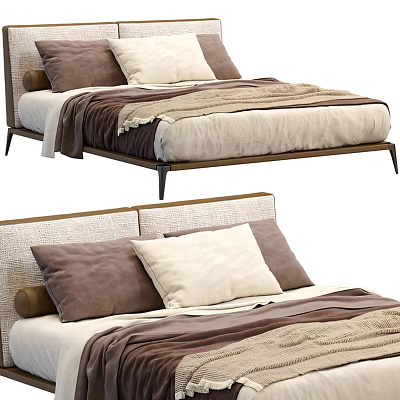 Modern Double Bed With Upholstered Headboard Brown Beige Pillows And Layered Blanket 3d model