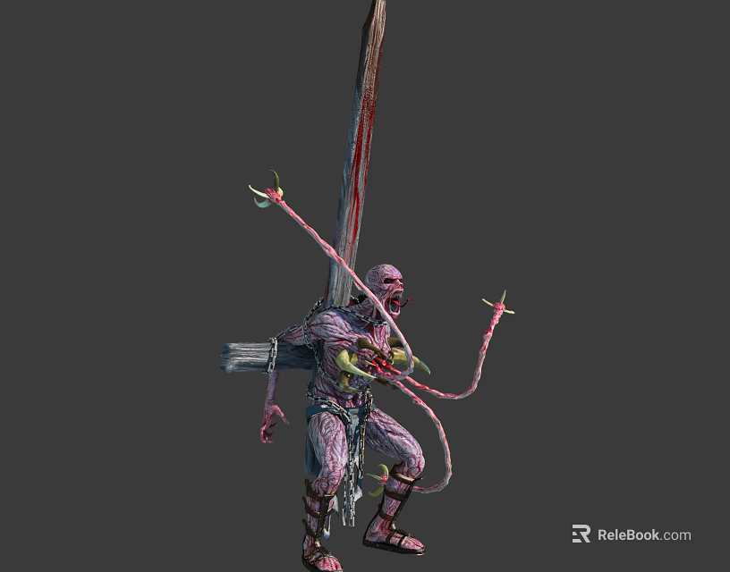 Muscular Monster Character Design With Giant Blade And Tentacle Appendages 3d model 