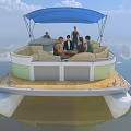 Relaxing Pontoon Boat With Blue Canopy And People Enjoying Activities On Water