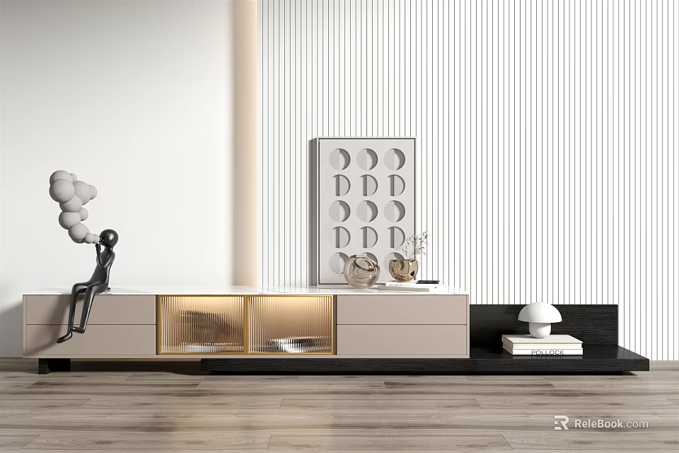 Modern Minimalist TV Stand In Light Beige With Glass Compartments And Decorative Sculptures Wall Art 3d model 