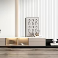 Modern Minimalist TV Stand In Light Beige With Glass Compartments And Decorative Sculptures Wall Art