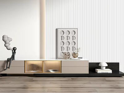 Modern Minimalist TV Stand In Light Beige With Glass Compartments And Decorative Sculptures Wall Art 3d model