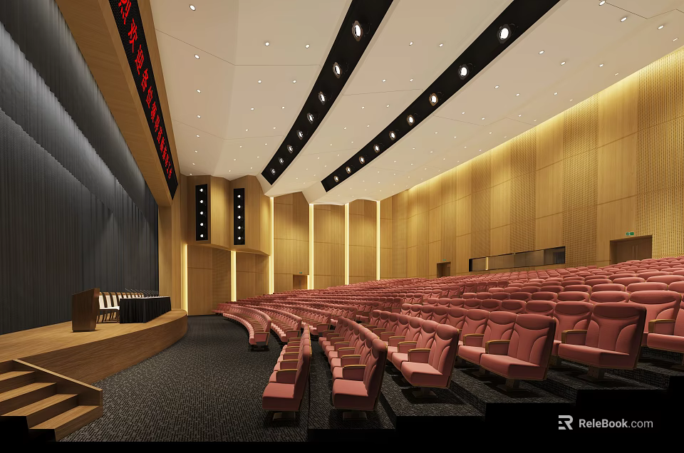 Modern Conference Room With Neatly Arranged Red Seats Wooden Walls And Ceiling Lights 3d model 