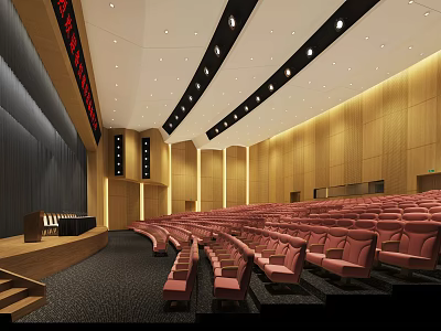 Modern Conference Room With Neatly Arranged Red Seats Wooden Walls And Ceiling Lights 3d model